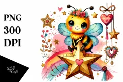 Cute Boho Bee on Star with Hanging Hearts PNG Product Image 1