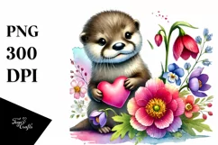 Baby Otter on Flower with Heart, PNG Product Image 1