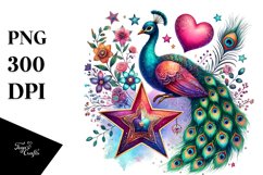 Boho Peacock on Star with Heart, Colorful PNG Product Image 1