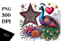 Boho Peacock on Star with Heart, Colorful PNG Product Image 1