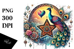 Boho Peacock on Star with Heart, Colorful PNG Product Image 1