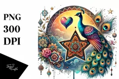 Boho Peacock on Star with Heart, Colorful PNG Product Image 1