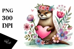 Boho Otter on Flower with Heart, Colorful PNG Product Image 1