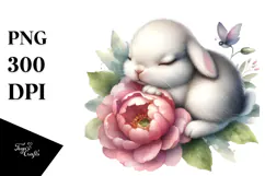 Sleeping Baby Bunny on Flower, PNG Product Image 1