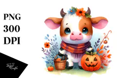 Vibrant Baby Cow in Halloween Scenery | Sublimation Clipart Product Image 1