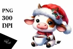 Watercolor Cow with Santa Hat PNG Product Image 1