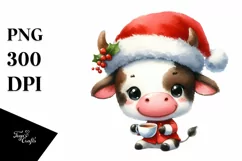 Watercolor Cow with Santa Hat PNG Product Image 3