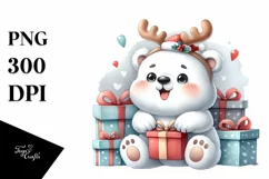 Watercolor Polar Bear with Reindeer Horns PNG Product Image 1