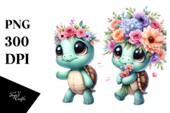Expressive Turtle with Flower Bouquet | Sublimation Clipart Product Image 1