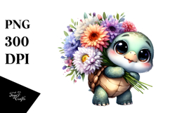 Expressive Turtle with Flower Bouquet | Sublimation Clipart Product Image 1
