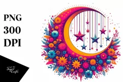 Retro Half Moon with Stars and Flowers PNG Product Image 1