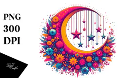Retro Half Moon with Stars and Flowers PNG Product Image 1