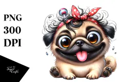 Happy Cartoon Pug, Watercolor PNG Product Image 1