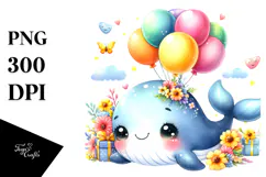 Colorful Baby Whale with Balloons | Sublimation Clipart Product Image 1