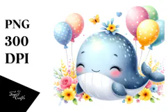 Colorful Baby Whale with Balloons | Sublimation Clipart Product Image 1