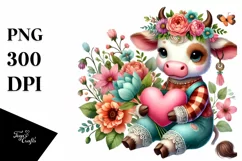 Colorful Cute Boho Cow Sitting on a Flower PNG Product Image 1