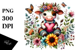 Cute Cow on Flower with Heart, Colorful PNG Product Image 1