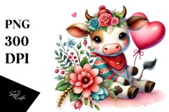 Cute Cow on Flower with Heart, Colorful PNG Product Image 1