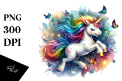 Colorful Baby Unicorn Frolicking with Fireflies PNG Product Image 1