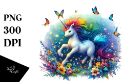 Colorful Baby Unicorn Frolicking with Fireflies PNG Product Image 1