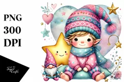 Cute Gnome on Star with Big Heart PNG Product Image 1