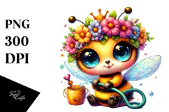 Watercolor Baby Bee with Flower Crown PNG Product Image 1