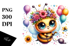 Watercolor Baby Bee with Flower Crown PNG Product Image 1