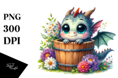 Cute Baby Dragon in Wood Bucket PNG Product Image 1