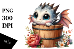 Cute Baby Dragon in Wood Bucket PNG Product Image 1