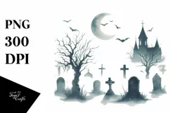Vintage Haloween Scene with Graveyard PNG Product Image 1