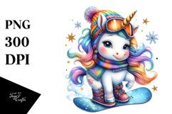 Colorful Baby Unicorn with Snowboard, PNG Product Image 1
