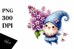 Watercolor Cute Gnome with Lilac PNG Product Image 1