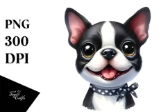 Watercolor Cute Baby Boston Terrier PNG Product Image 1