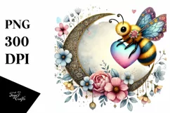 Boho Bee on Moon with Heart, Colorful PNG Product Image 1