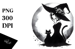 Gothic Witch with Cat Watercolor PNG Product Image 1