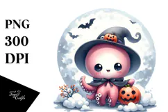 Cute Baby Octopus on Cloud Halloween PNG Product Image 1