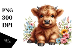 Cute Baby Highland Cow with Big Eyes | Sublimation | Clipart Product Image 1