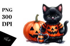 Watercolor Baby Black Cat with Pumpkin, Transparent PNG Product Image 1