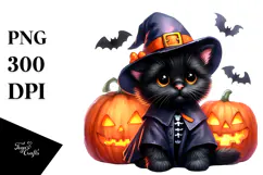 Watercolor Baby Black Cat with Pumpkin, Transparent PNG Product Image 1