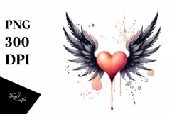 Washed Watercollor Heart with Wings PNG Product Image 1
