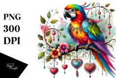 Adorned Parrot on Tree Branch, PNG Product Image 1
