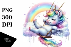 colorful Unicorn Swinging from Rainbow, Watercolor PNG Product Image 3
