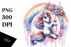 colorful Unicorn Swinging from Rainbow, Watercolor PNG Product Image 1