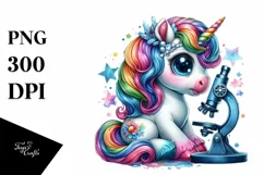 colorful Unicorn with Microscope, Watercolor PNG Product Image 3