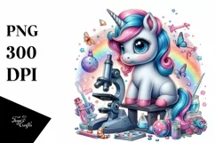 colorful Unicorn with Microscope, Watercolor PNG Product Image 1