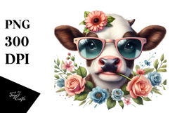 Funny Baby Cow with Flower in Mouth, Watercolor PNG Product Image 1