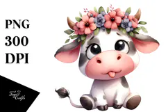 Whimsical Cow with Flower Crown, Watercolor PNG Product Image 1