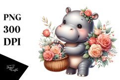 Whimsical Baby Hippo with Roses | Sublimation | Clipart Product Image 3