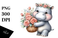 Cute Baby Hippo with Flowers | Sublimation | Clipart Product Image 3