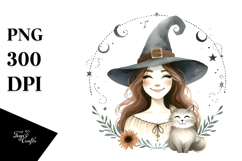 Boho Smiling Witch with Cat Watercolor PNG Product Image 1